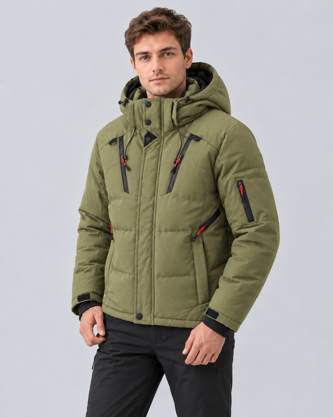 Men's Puffer Jacket with Hood in Polyester – Quilted Winter Coat with Zip Pockets