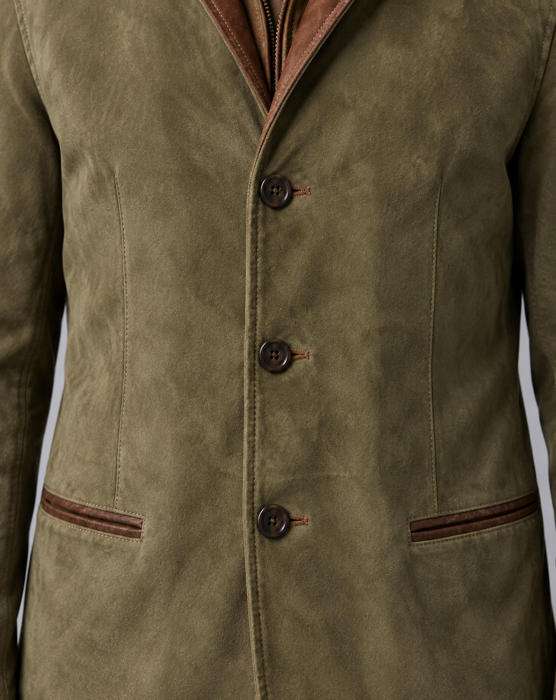 Men's Suede Blazer Jacket – Three-Button Front, Layered Stand Collar with Zip Insert, Contrast Trim