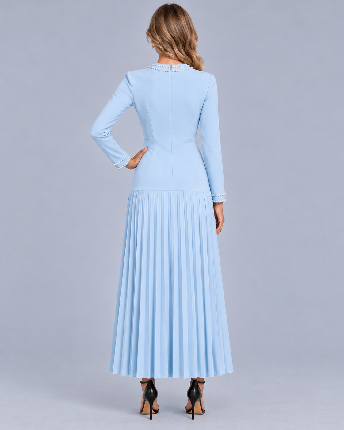 Women's Pleated Maxi Dress with Pearl Trim