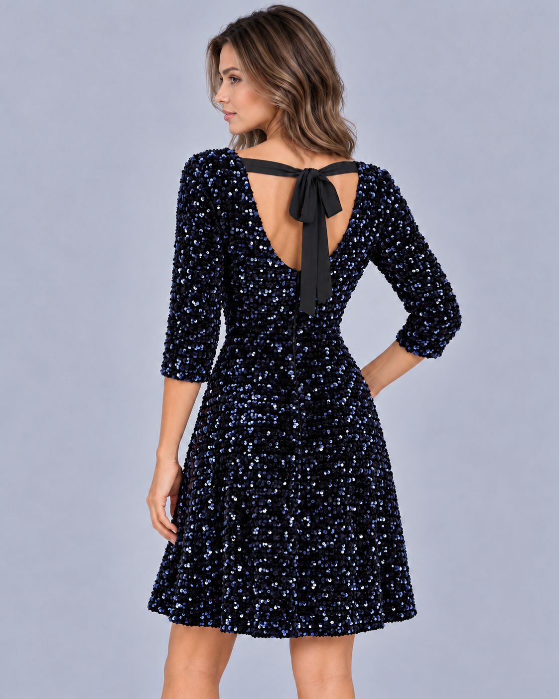 Women's Black Sequin Velvet A-Line Dress