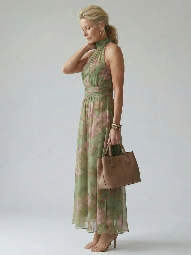Women Sage Green Floral Halter Midi Dress