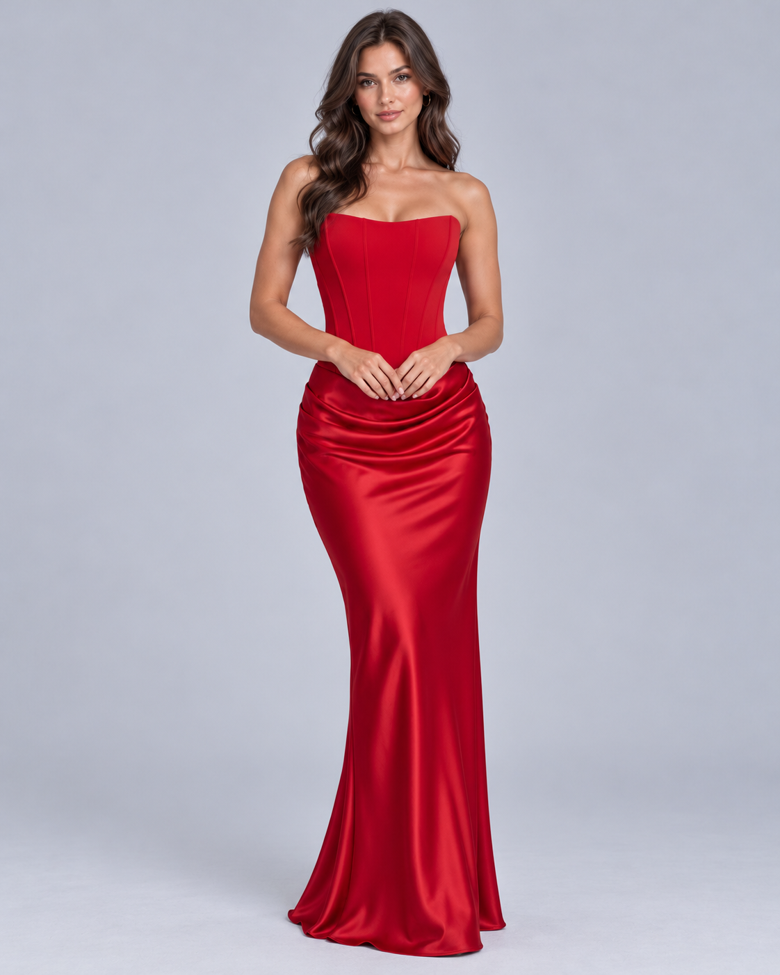 Women's Strapless Satin Corset Maxi Dress