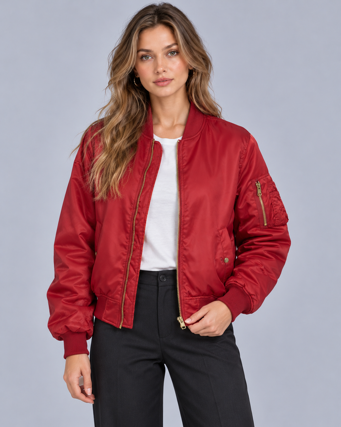 Women's Satin Bomber Jacket with Utility Pockets