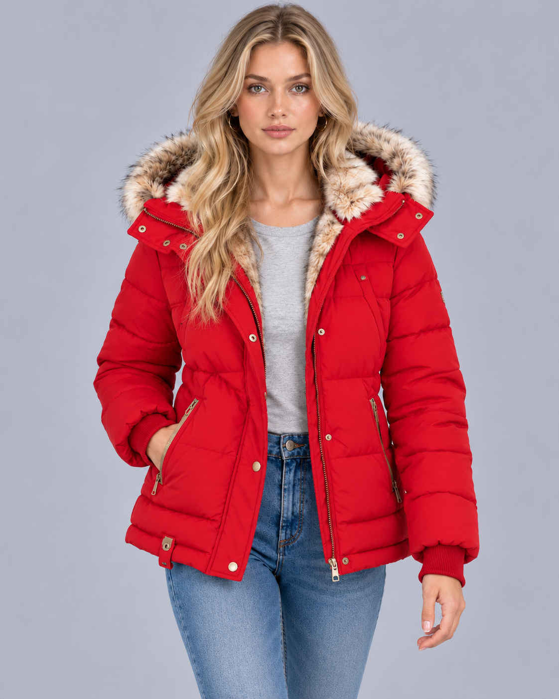 Women's Quilted Jacket with Faux Fur Hood