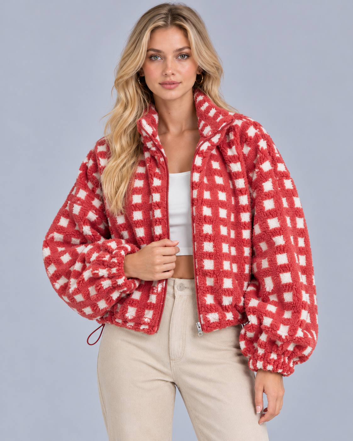 Women's Sherpa Fleece Jacket with Check Pattern