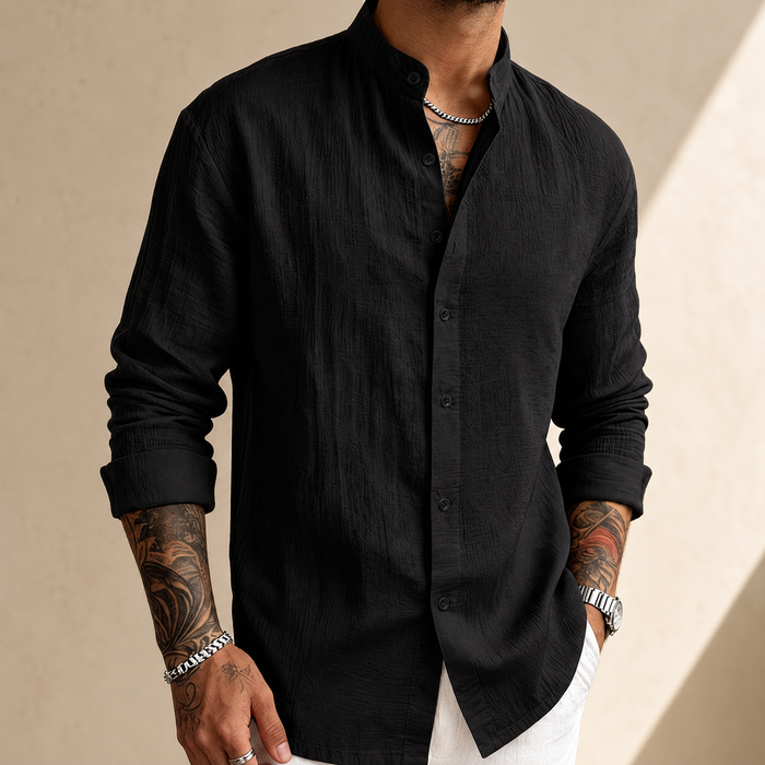 Men's Cotton Linen Shirt – Band Collar, Crinkle Weave, Relaxed Fit
