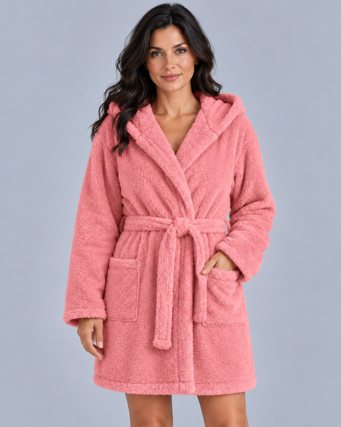 Women's Hooded Fleece Dressing Gown with Pockets