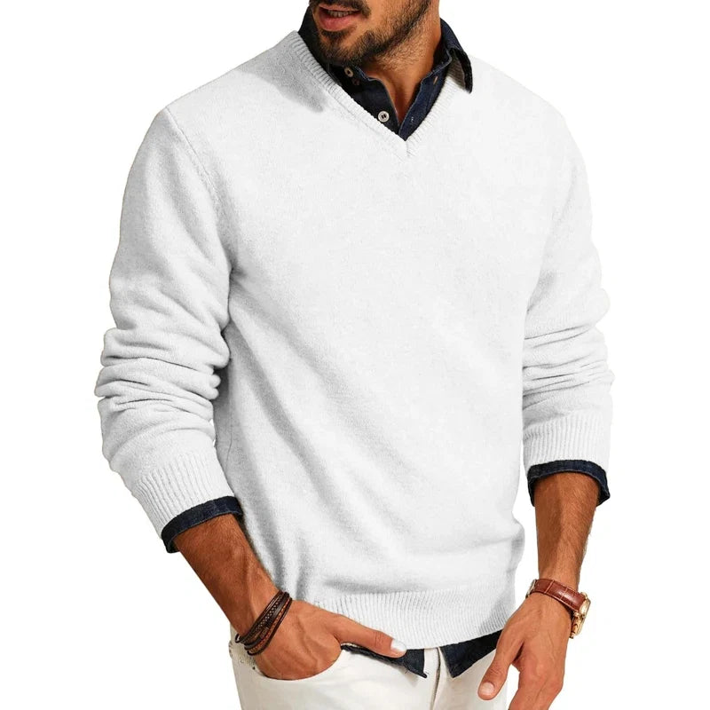 Men's V-Neck Wool Blend Jumper – Lightweight Knit, Slim Fit