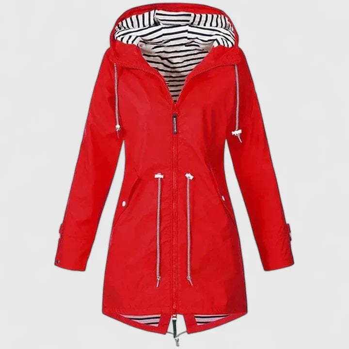 Women's Hooded Rain Jacket – Drawstring Waist, Striped Lining, Zip Front