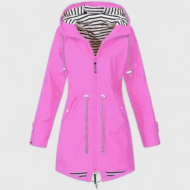 Women's Hooded Rain Jacket – Drawstring Waist, Striped Lining, Zip Front