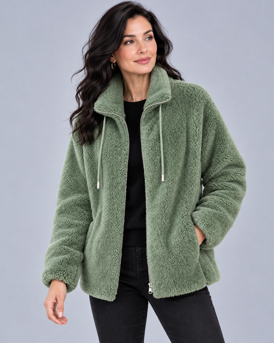 Women's Fleece Jacket Full Zip – Plush Coral Fleece, High Stand Collar, Relaxed Fit