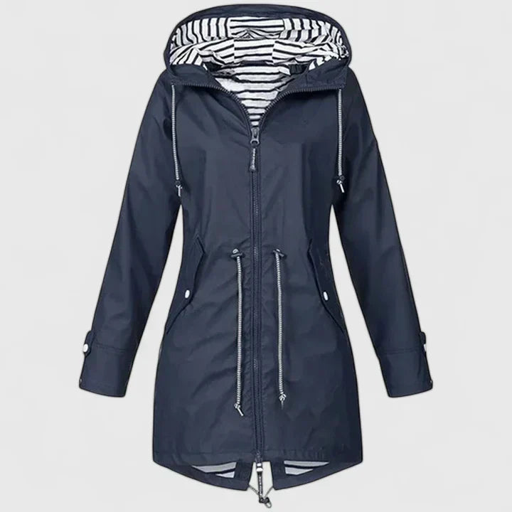 Women's Hooded Rain Jacket – Drawstring Waist, Striped Lining, Zip Front