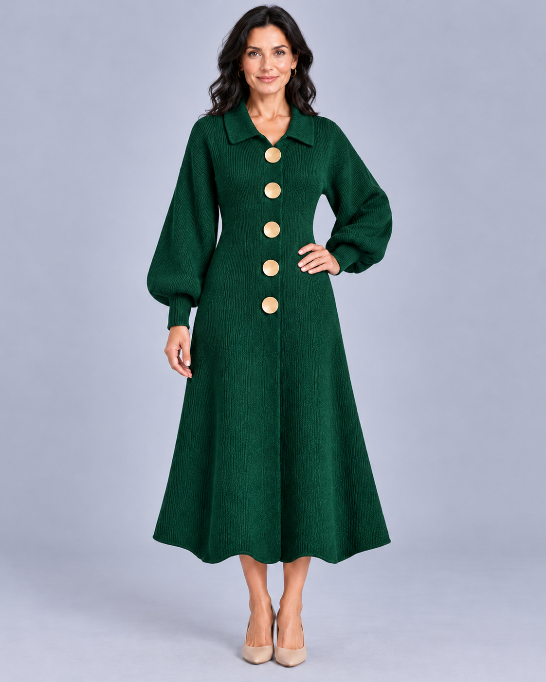 Women's Knitted Cardigan Dress with Puff Sleeves