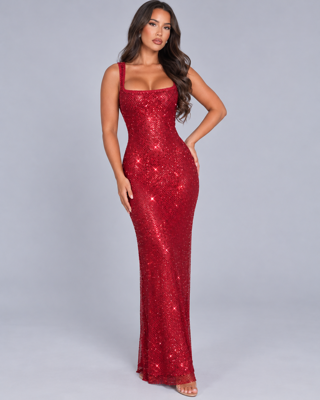 Women's Sparkly Satin Square Neck Maxi Dress