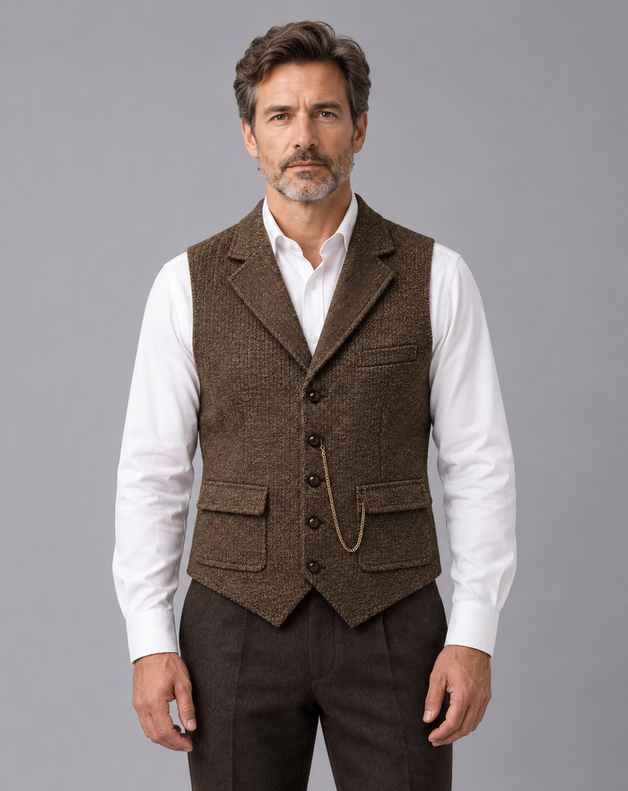Men's Herringbone Waistcoat with Lapels – Five-Button Front, Flap Pockets and Pocket Chain
