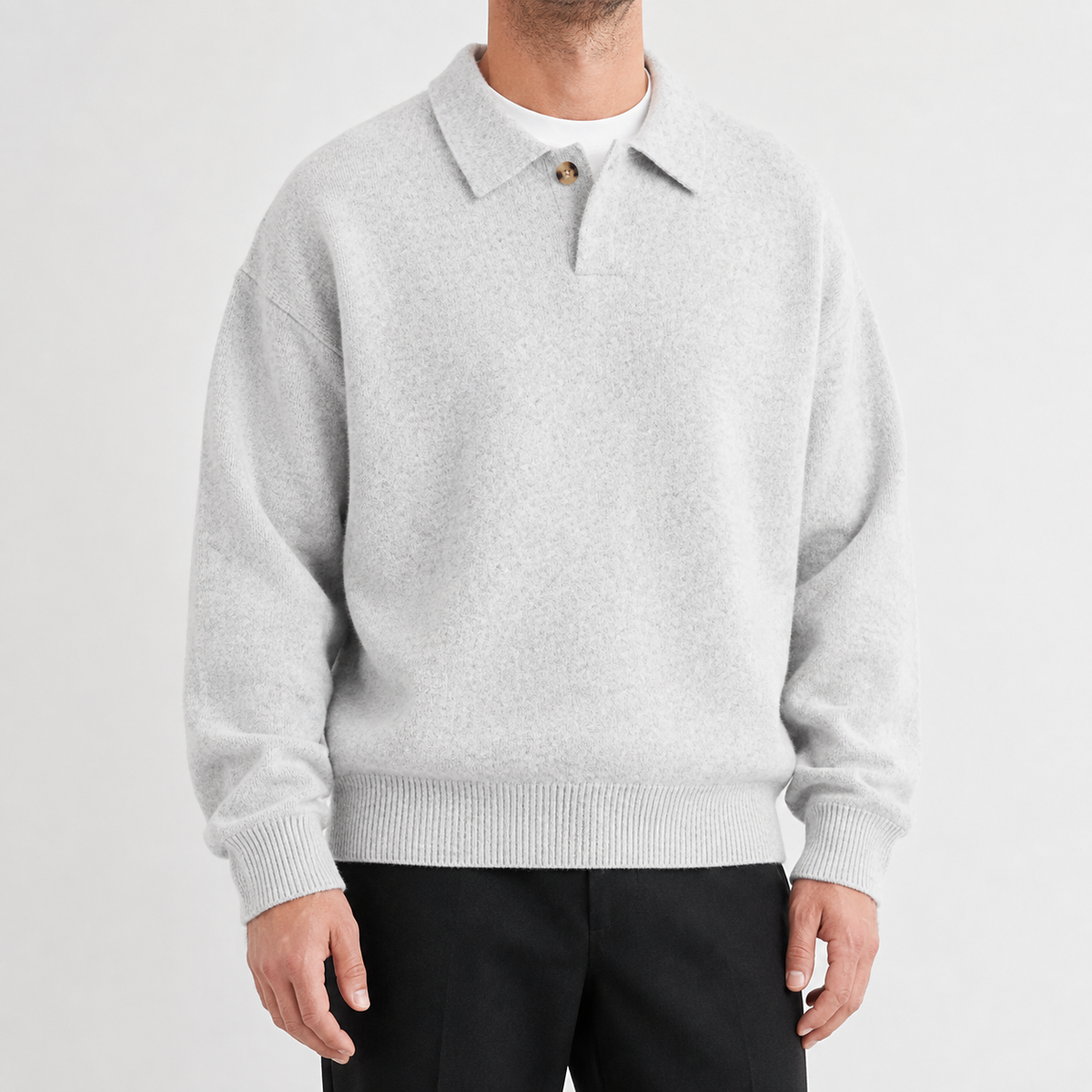Men's Knitted Polo Jumper – Long Sleeve with One-Button Collar, Relaxed Fit
