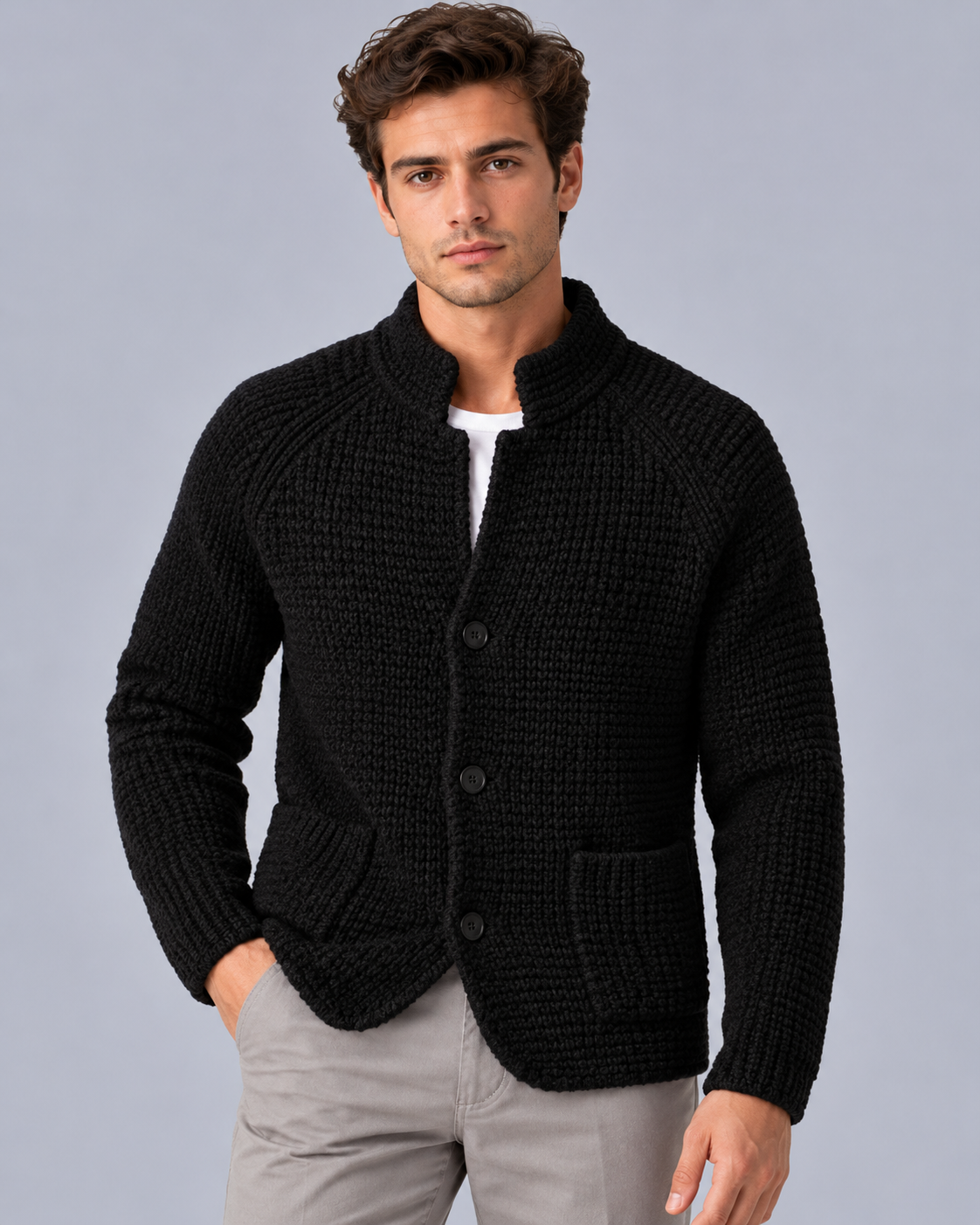 Men's Chunky Knit Cardigan – Stand Collar, Button Front