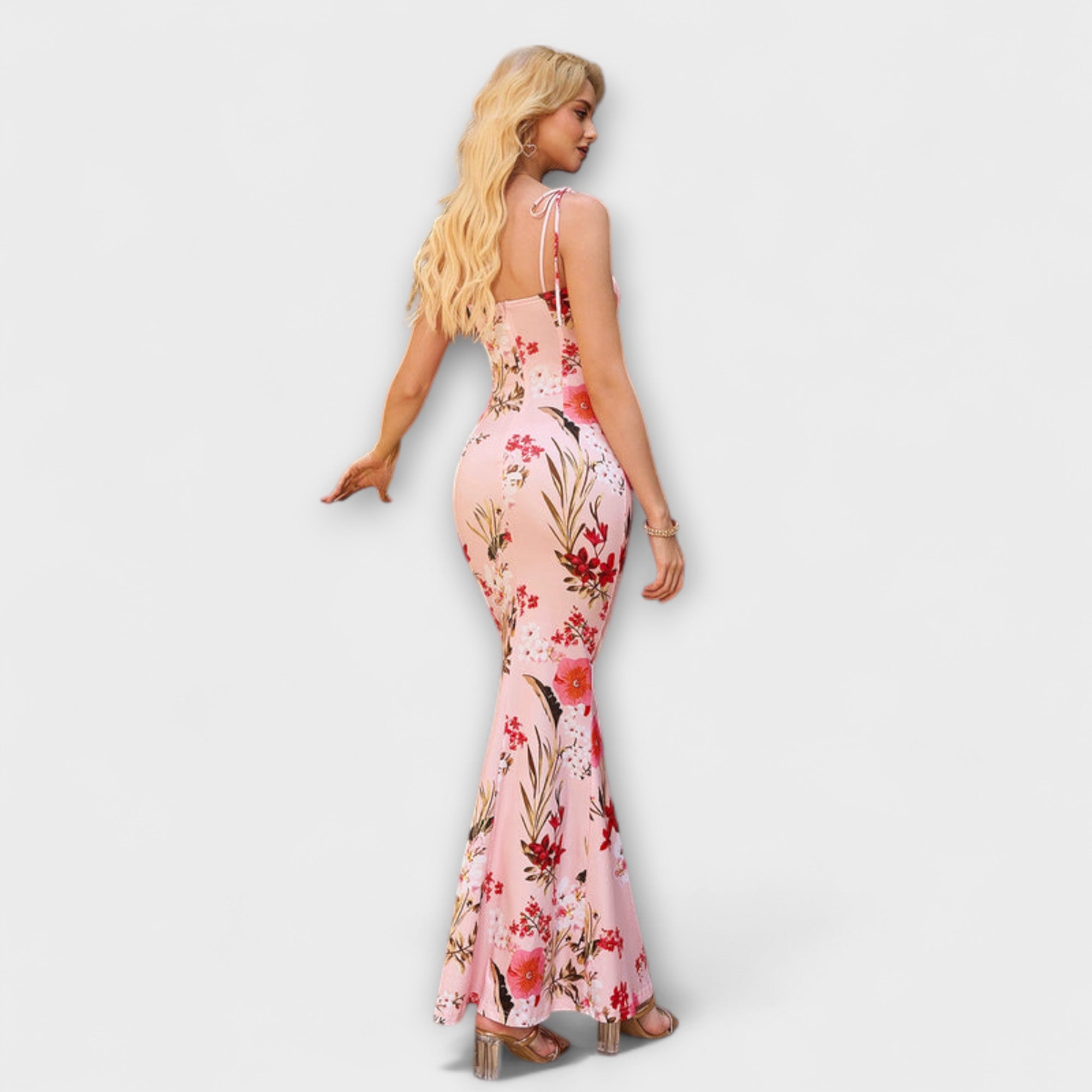 Floral Print Prom Dress With Tied Shoulder Straps