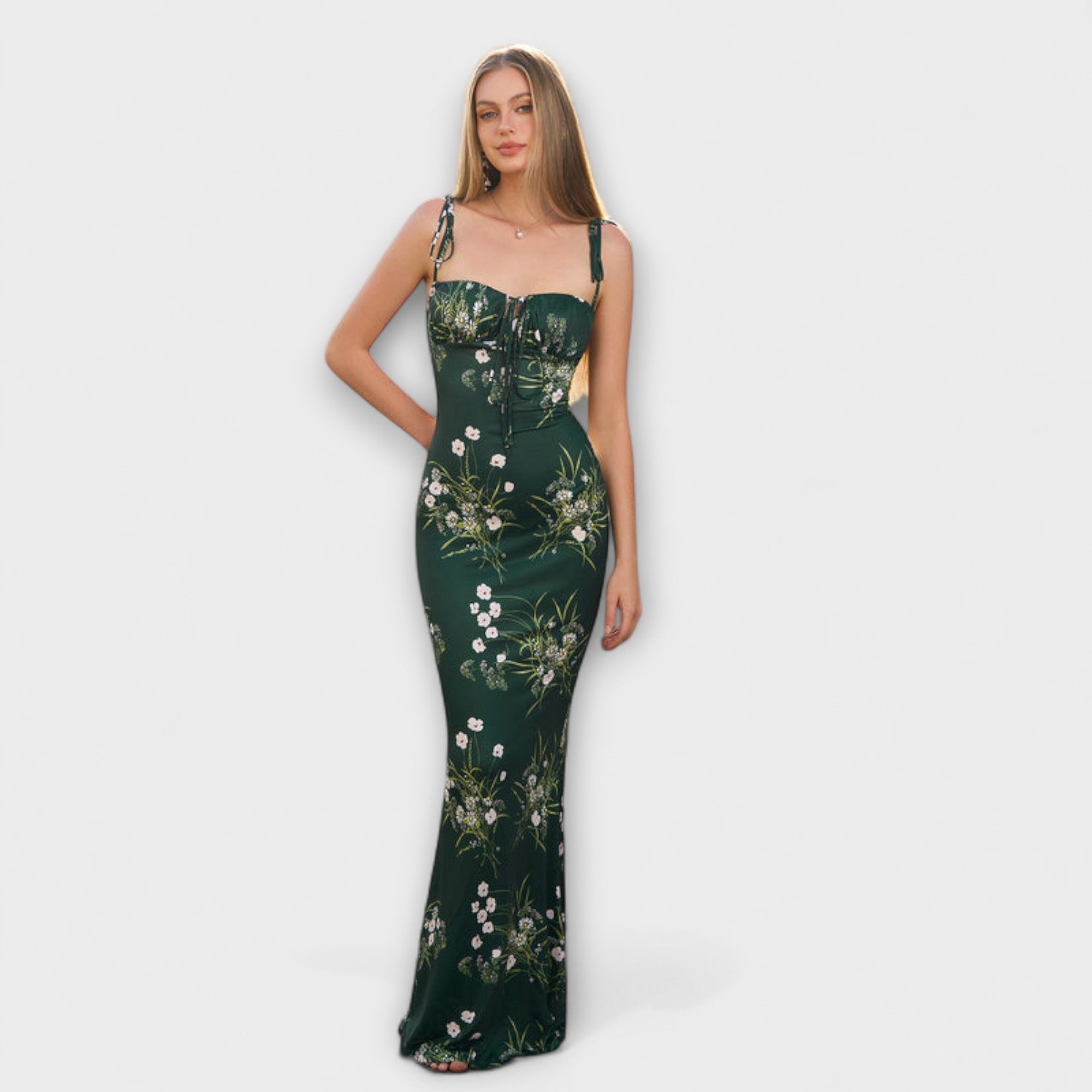 Floral Print Prom Dress With Tied Shoulder Straps