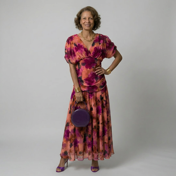 Women Pink Purple Floral Print V Neck Maxi Dress