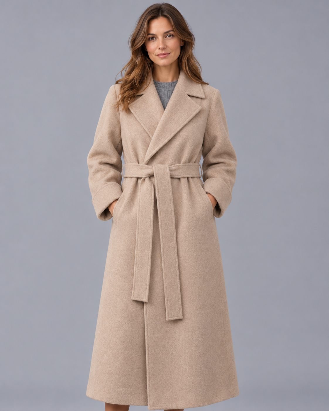 Women's Belted Wrap Coat – Longline Winter Coat, Lapel Collar