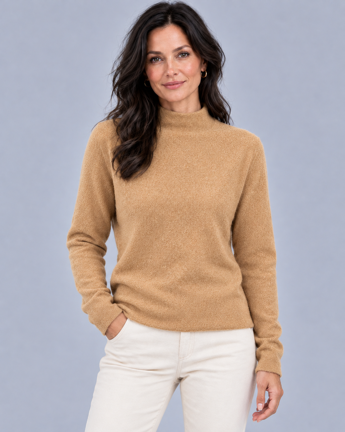 Women's Mock Neck Jumper in Fine Wool Knit – Long Sleeves, Relaxed Straight Fit