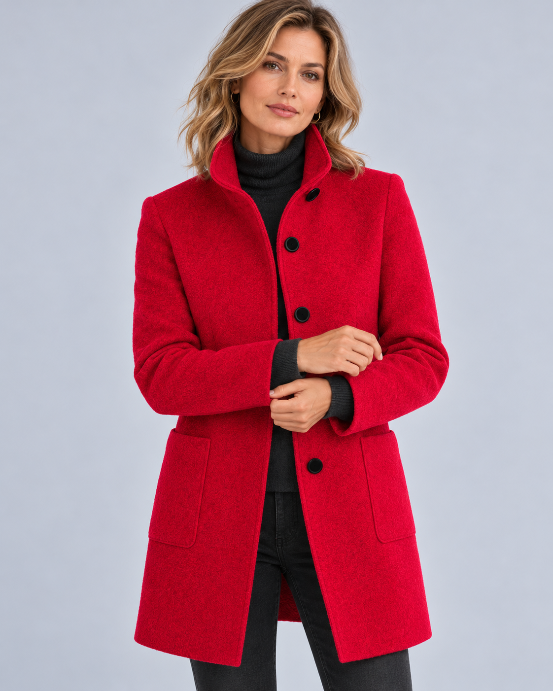 Women's Wool Midi Coat with Stand Collar