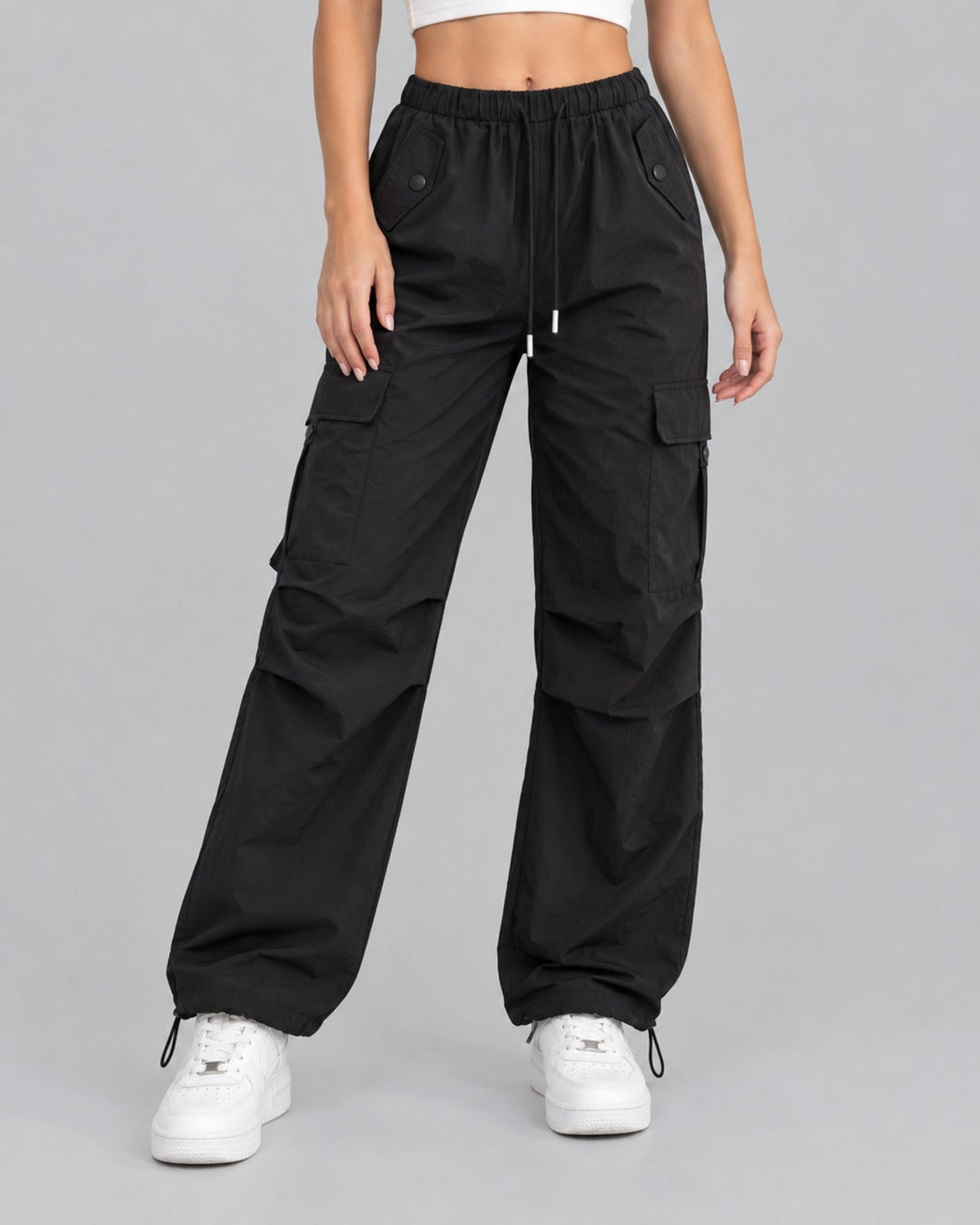 Women's Cargo Trousers in Cotton – Parachute Style, Elasticated Drawstring Waist, Toggle Hems, Relaxed Fit