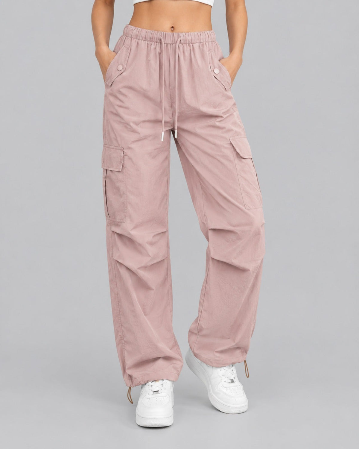 Women's Cargo Trousers in Cotton – Parachute Style, Elasticated Drawstring Waist, Toggle Hems, Relaxed Fit