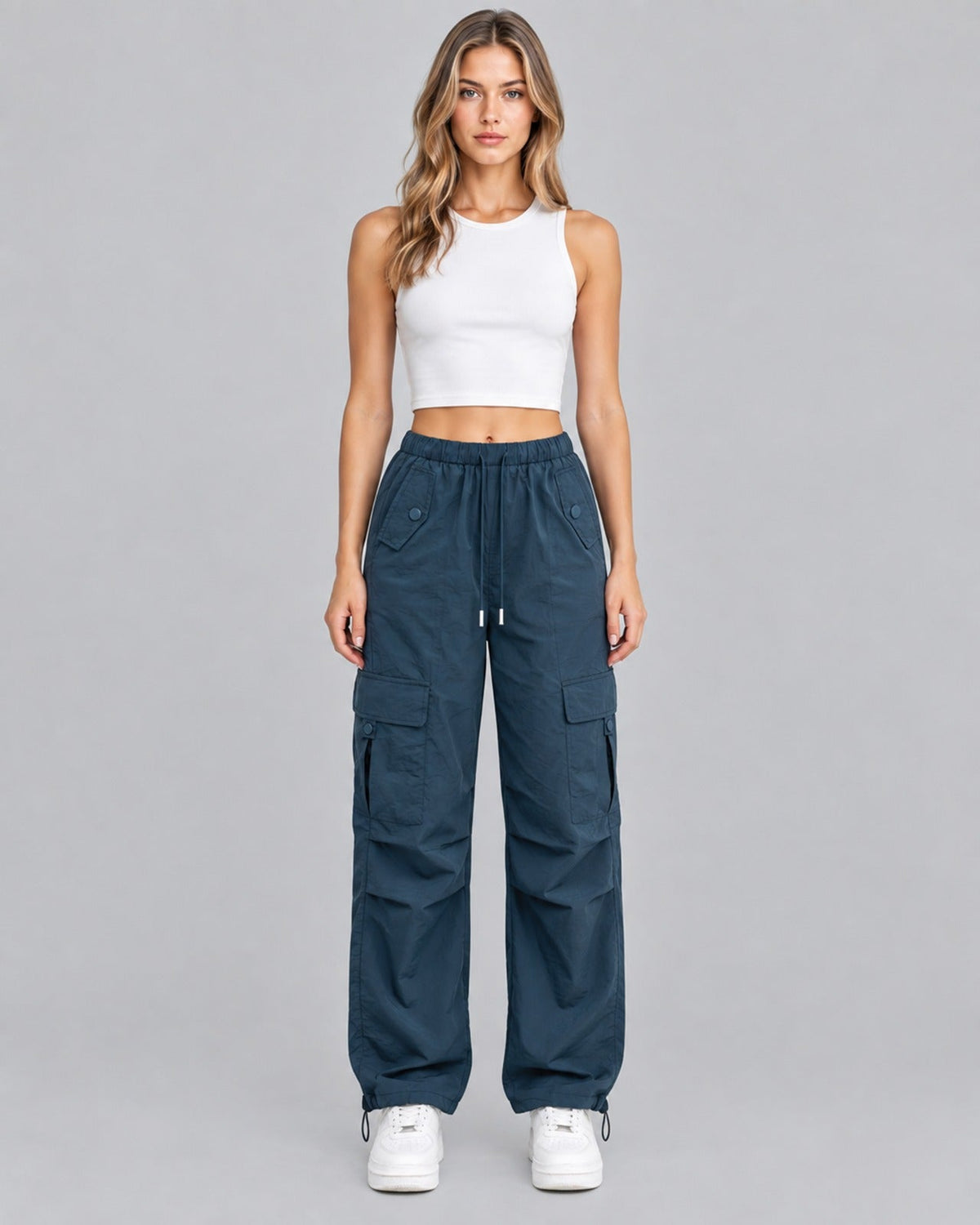 Women's Cargo Trousers in Cotton – Parachute Style, Elasticated Drawstring Waist, Toggle Hems, Relaxed Fit