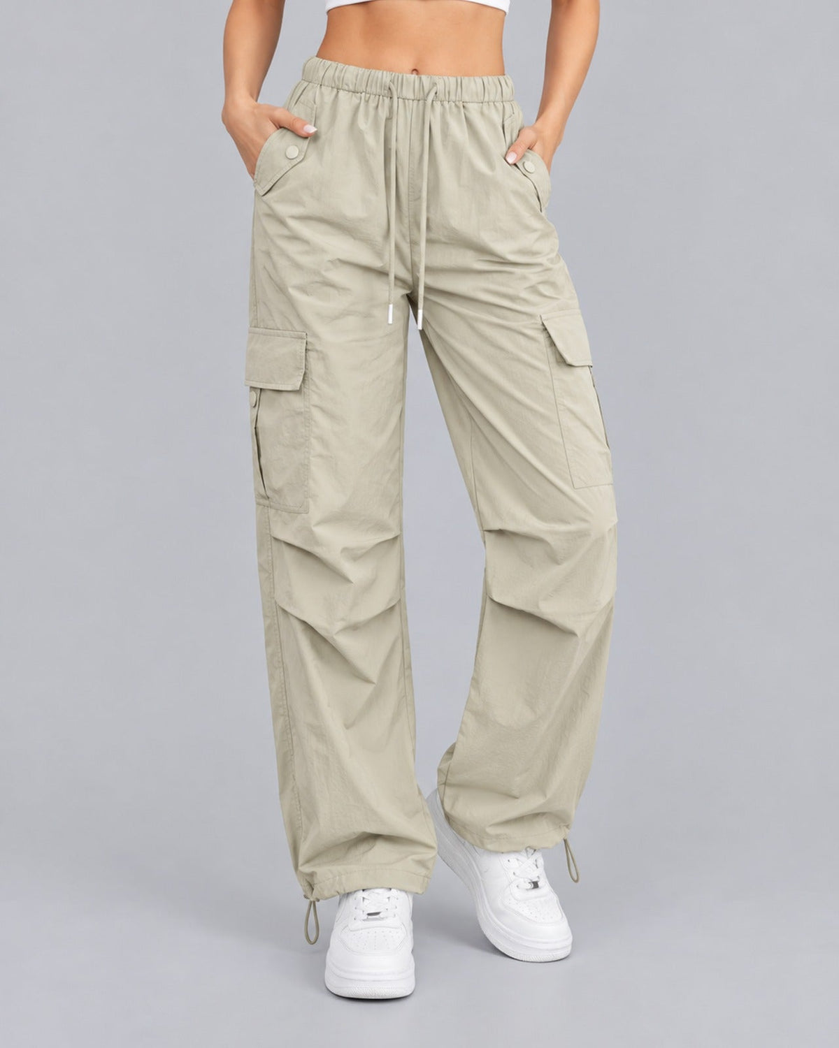 Women's Cargo Trousers in Cotton – Parachute Style, Elasticated Drawstring Waist, Toggle Hems, Relaxed Fit