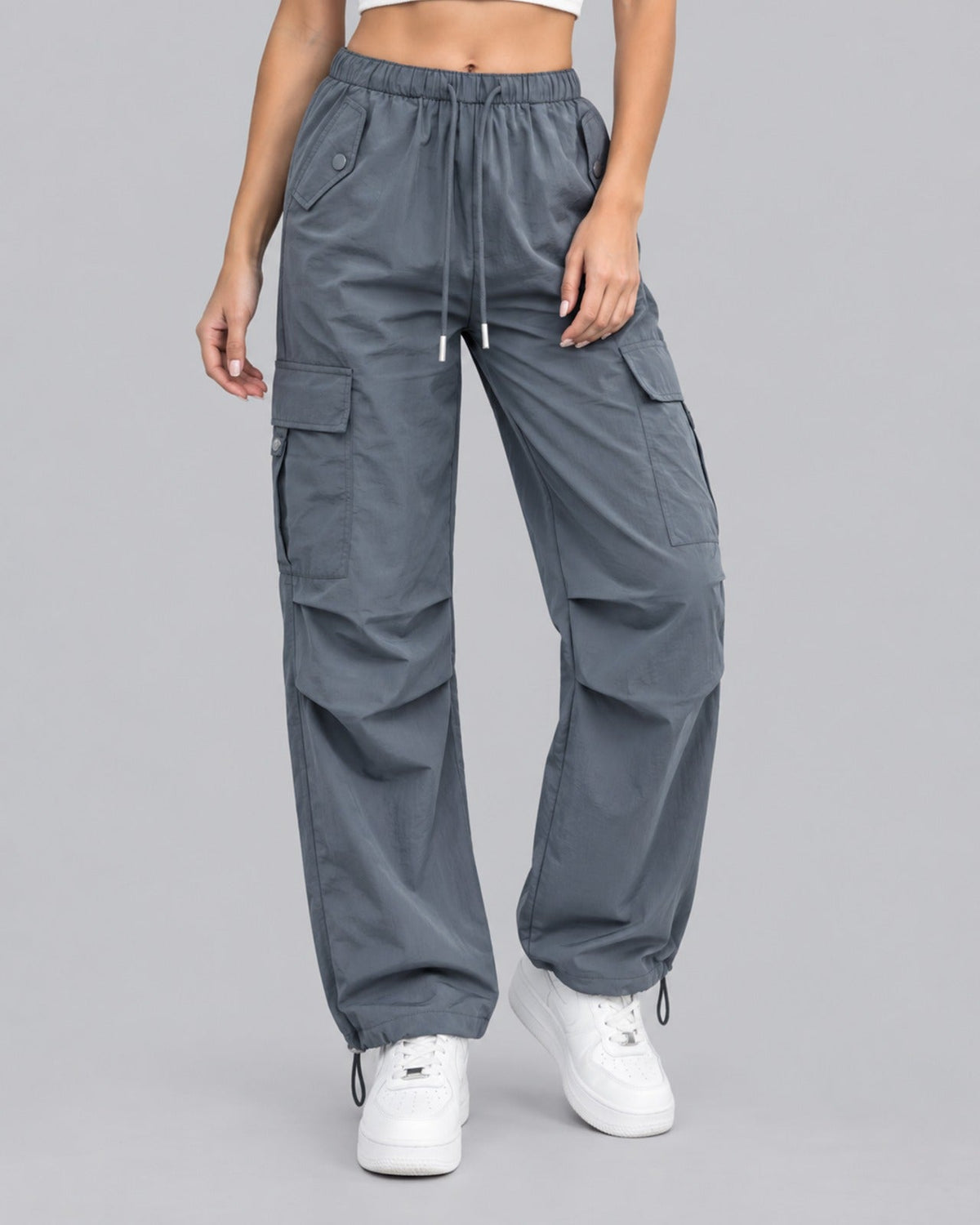 Women's Cargo Trousers in Cotton – Parachute Style, Elasticated Drawstring Waist, Toggle Hems, Relaxed Fit