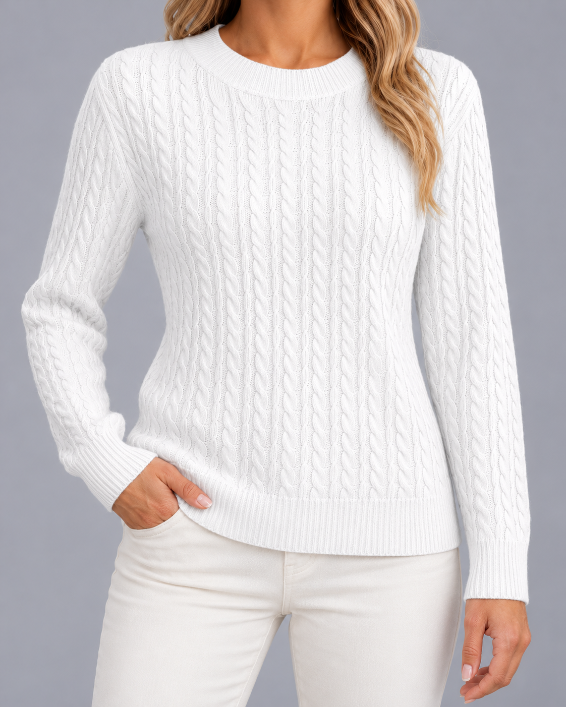 Women's Cable Knit Jumper – Crew Neck, Ribbed Cuffs