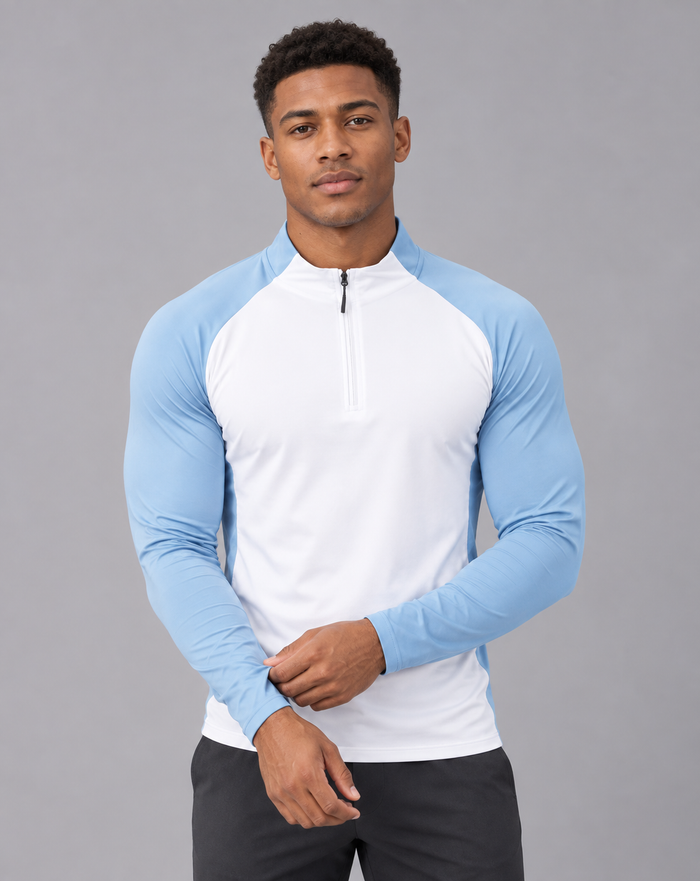 Men's Quarter Zip Top – Long Sleeve, Contrast Raglan Sleeves, Zip Stand Collar, Athletic Fit