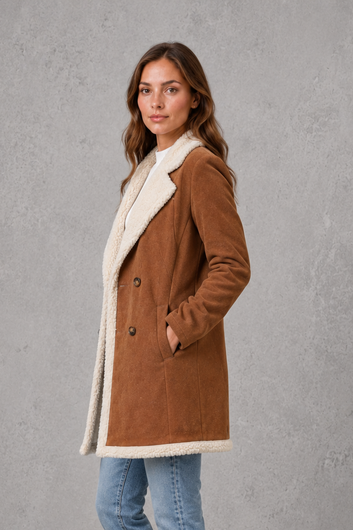 Women's Double Breasted Suede-Look Coat – Shearling-Style Lining