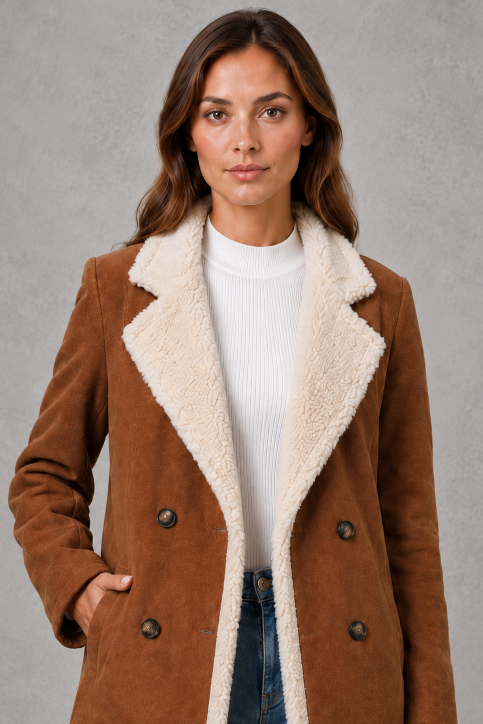 Women's Double Breasted Suede-Look Coat – Shearling-Style Lining