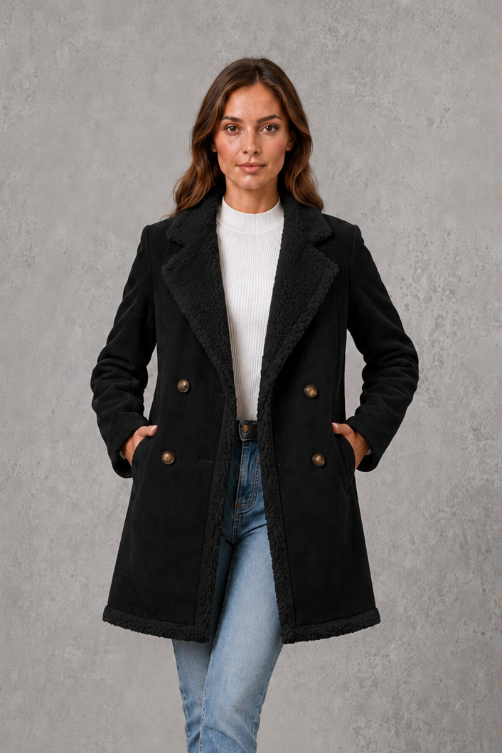 Women's Double Breasted Suede-Look Coat – Shearling-Style Lining