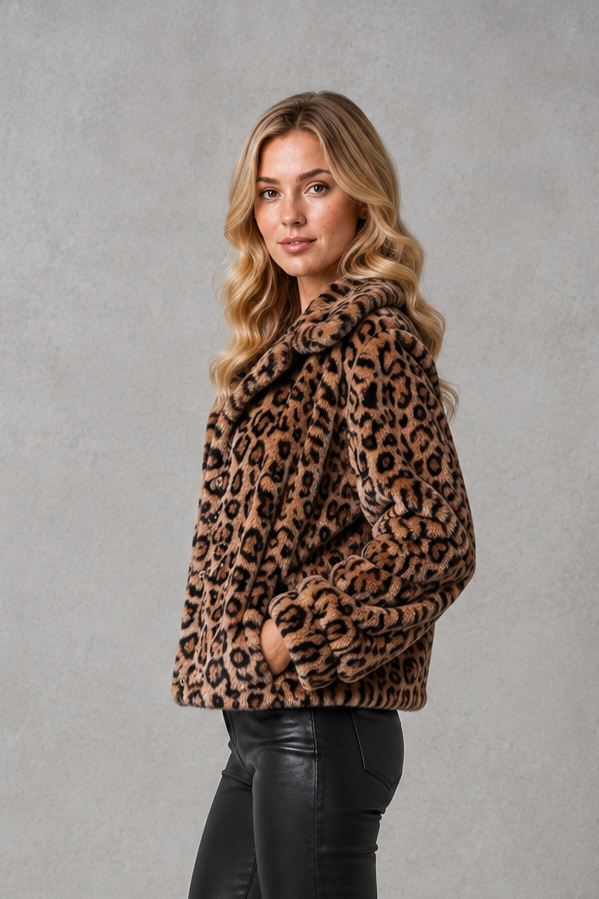 Women's Leopard Print Faux Fur Jacket – Cropped, Relaxed Fit