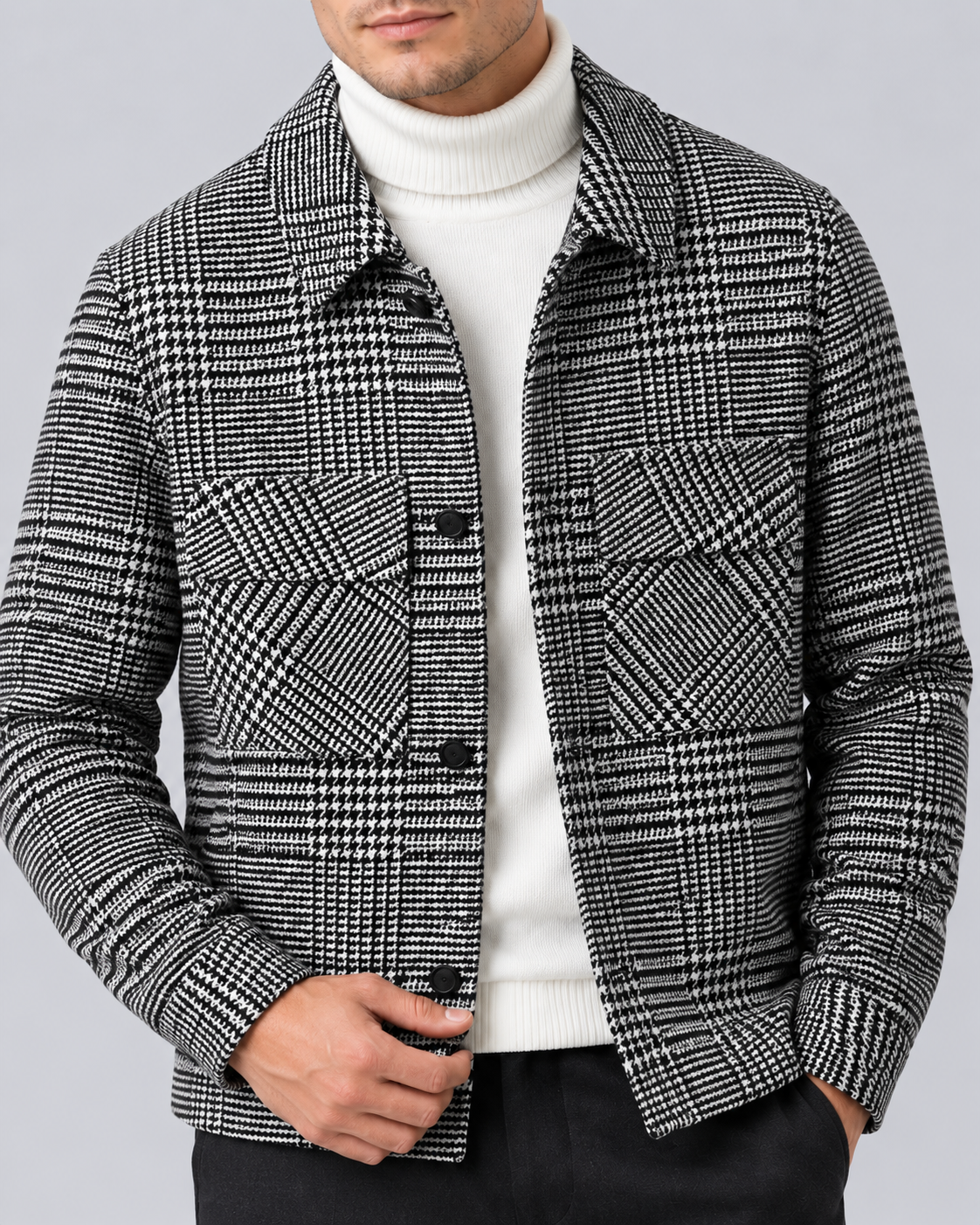 Men's Check Overshirt Jacket in Wool-Blend – Houndstooth Check, Flap Chest Pockets, Button Front