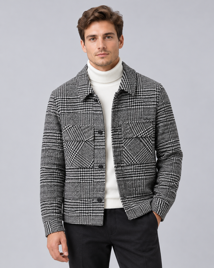Men's Check Overshirt Jacket in Wool-Blend – Houndstooth Check, Flap Chest Pockets, Button Front