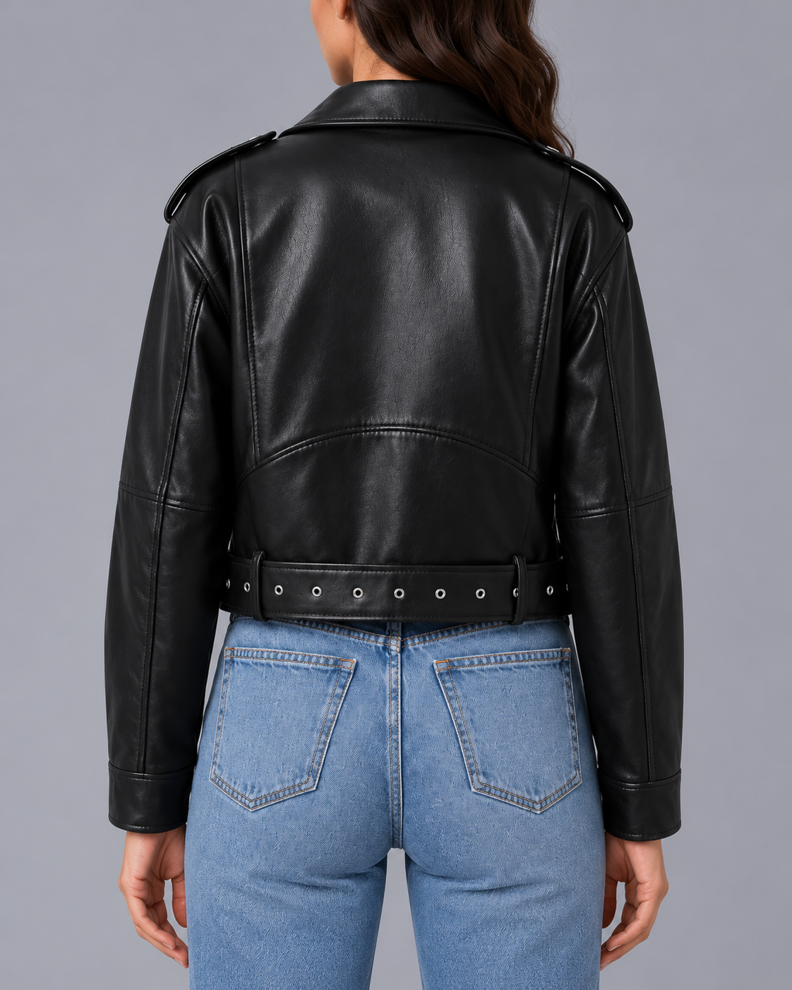 Women's Faux Leather Biker Jacket – Belted, Cropped Relaxed Fit