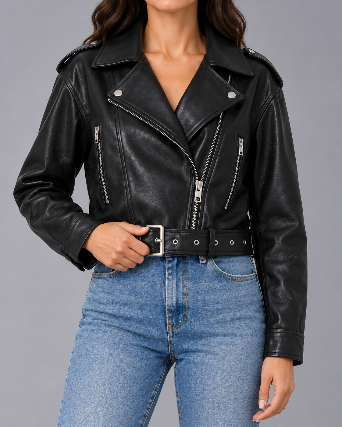 Women's Faux Leather Biker Jacket – Belted, Cropped Relaxed Fit