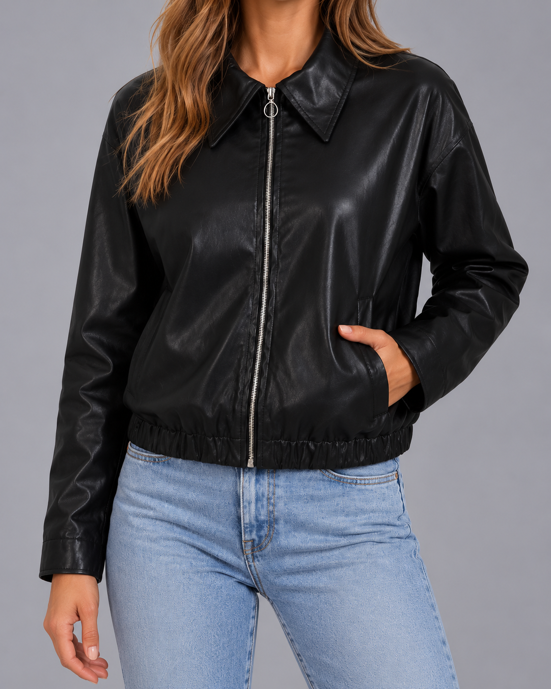 Women's Cropped Faux Leather Biker Jacket – Elasticated Hem, Oversized Collar
