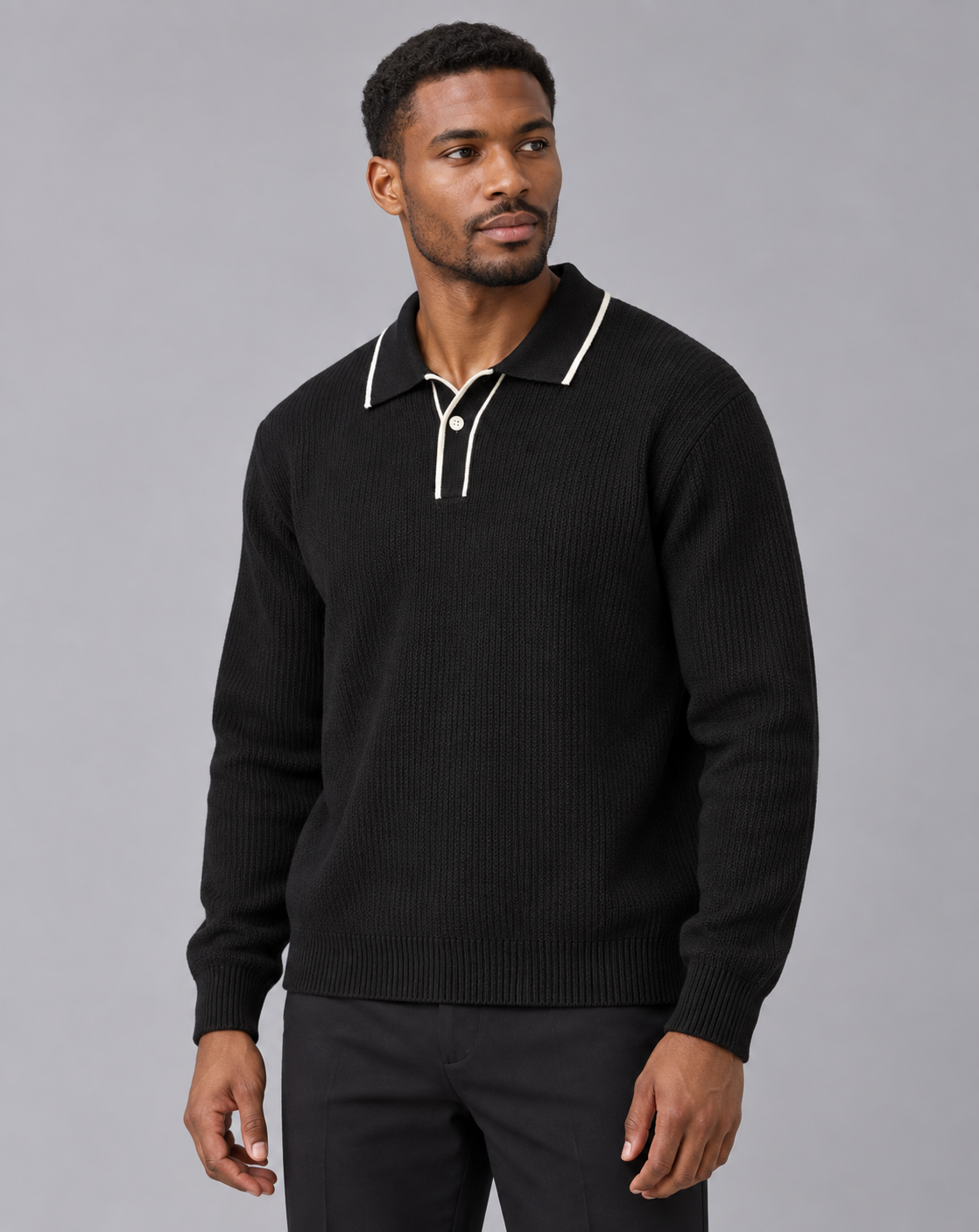 Men's Long Sleeve Knitted Polo Jumper in Linen Blend – Contrast-Tipped Collar
