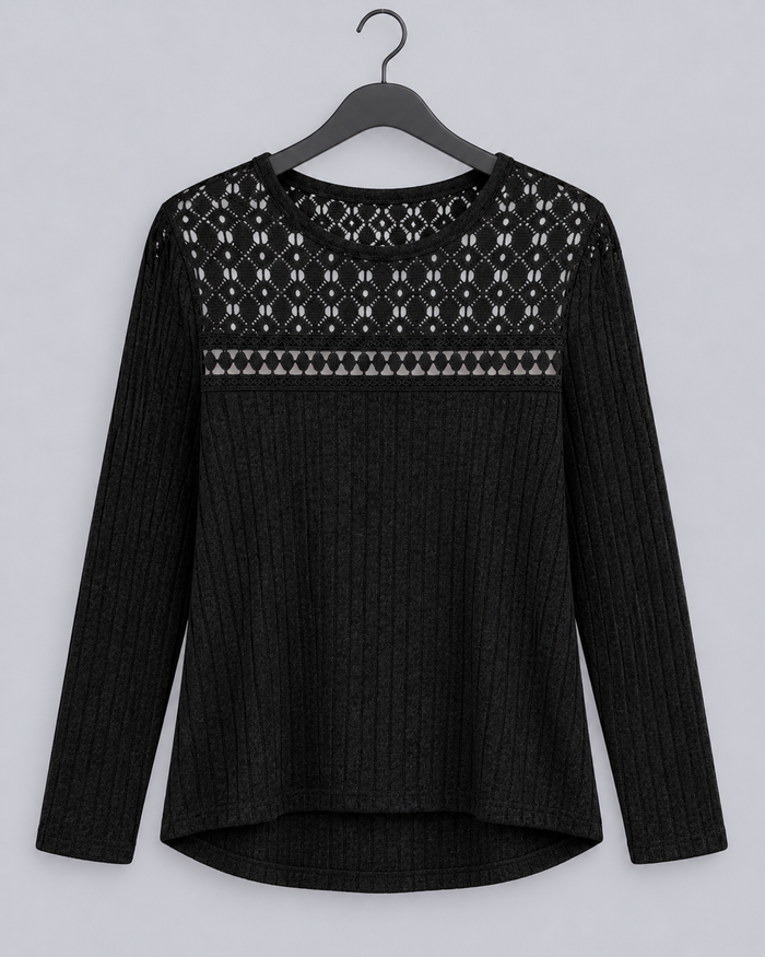 Women's Fitted Lace Ribbed Top | Crew Neck Long Sleeve Blouse