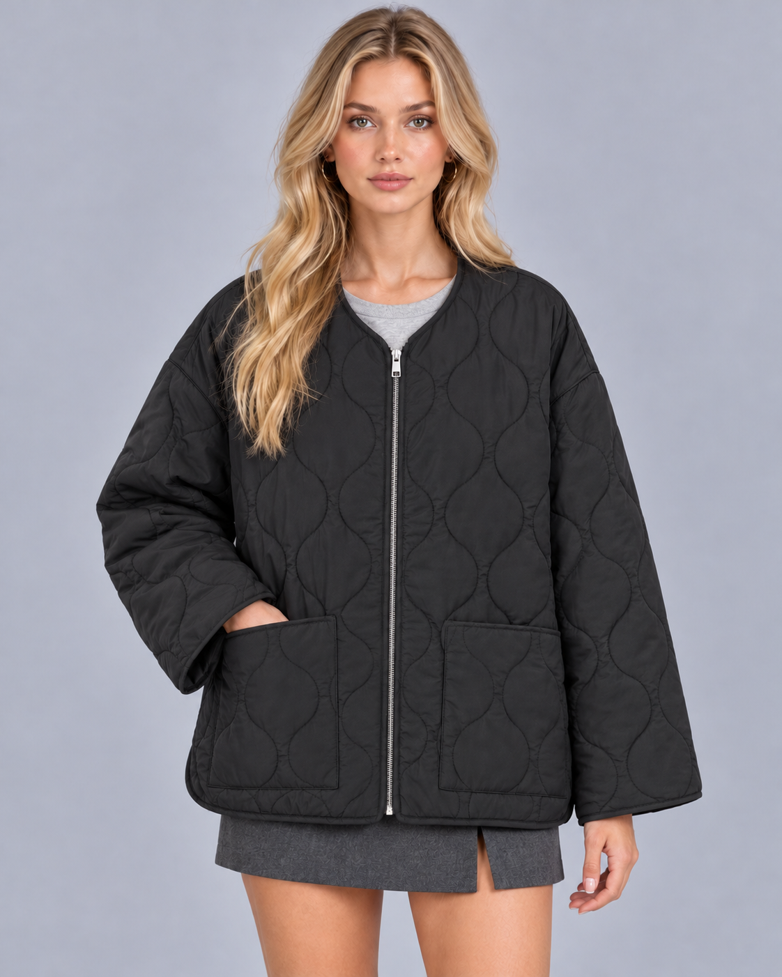 Women's Collarless Quilted Jacket – Lightly Padded, Wave Quilting, Full Zip, Relaxed Fit