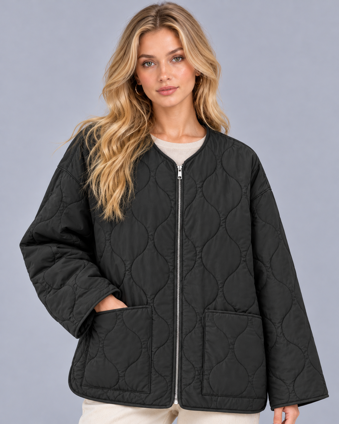 Women's Collarless Quilted Jacket – Lightly Padded, Wave Quilting, Full Zip, Relaxed Fit
