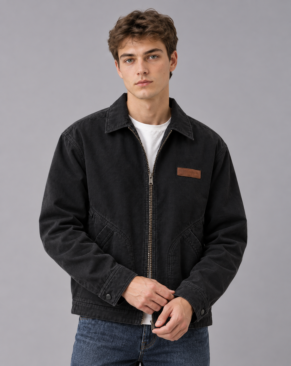 Men's Workwear Jacket in Cotton Blend – Zip Front, Point Collar, Angled Pockets, Relaxed Fit