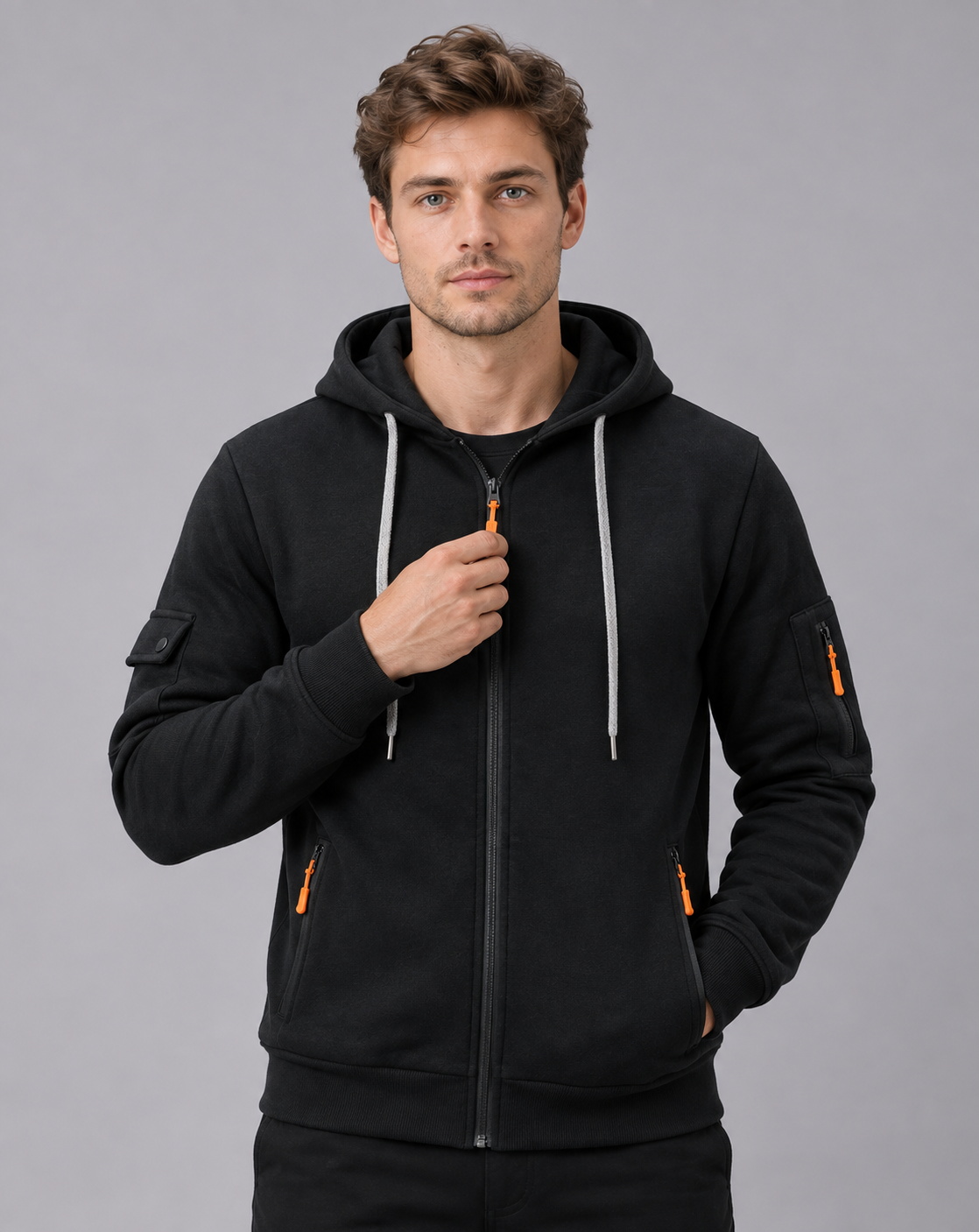 Men's Zip Up Hoodie in 100% Cotton – Full Zip, Drawstring Hood, Zip Pockets and Sleeve Pocket