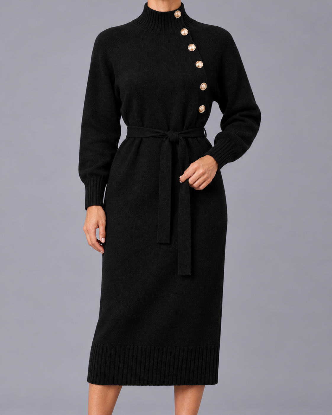 Women's Turtleneck Jumper Dress – Button Neck, Tie Waist